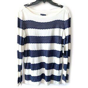NWT Tommy Hilfiger Womens 100% Cotton White&Blue Striped Long Sleeve Sweater, M